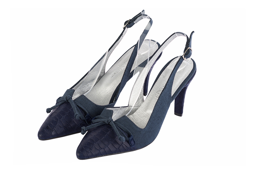 Navy blue women's open back shoes, with a knot. Tapered toe. High slim heel. Front view - Florence KOOIJMAN